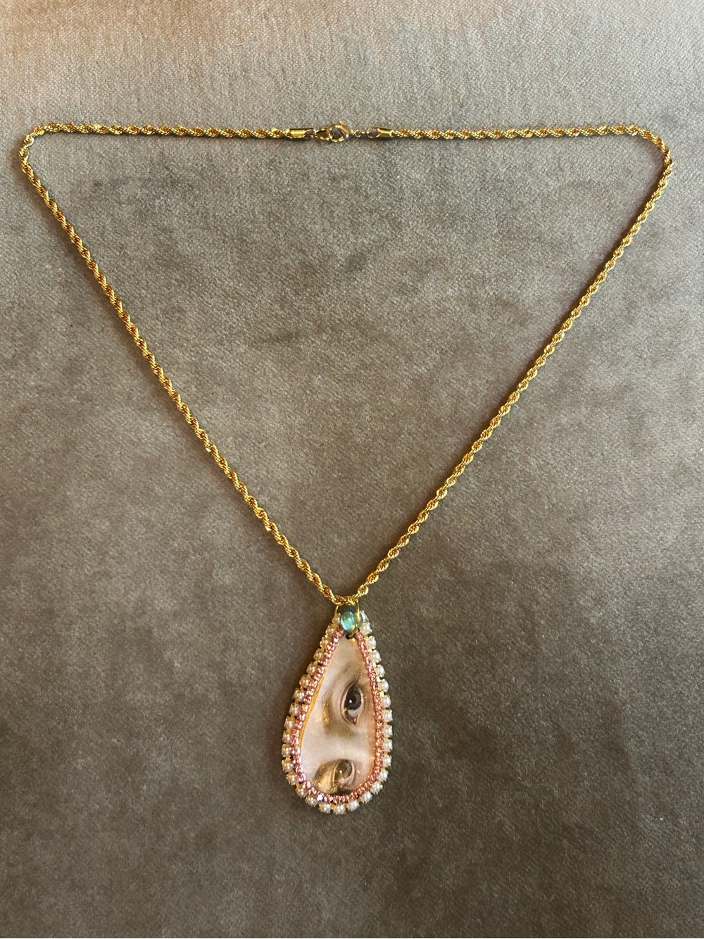Gold Rope Chain Necklace with Pink Teardrop Lover’s Eye Pendant